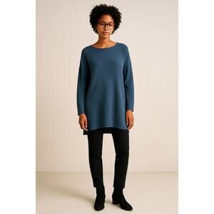 Eileen Fisher S Silk & Cotton Tunic Sweater $228 Knit Long Sleeve Peacock Blue